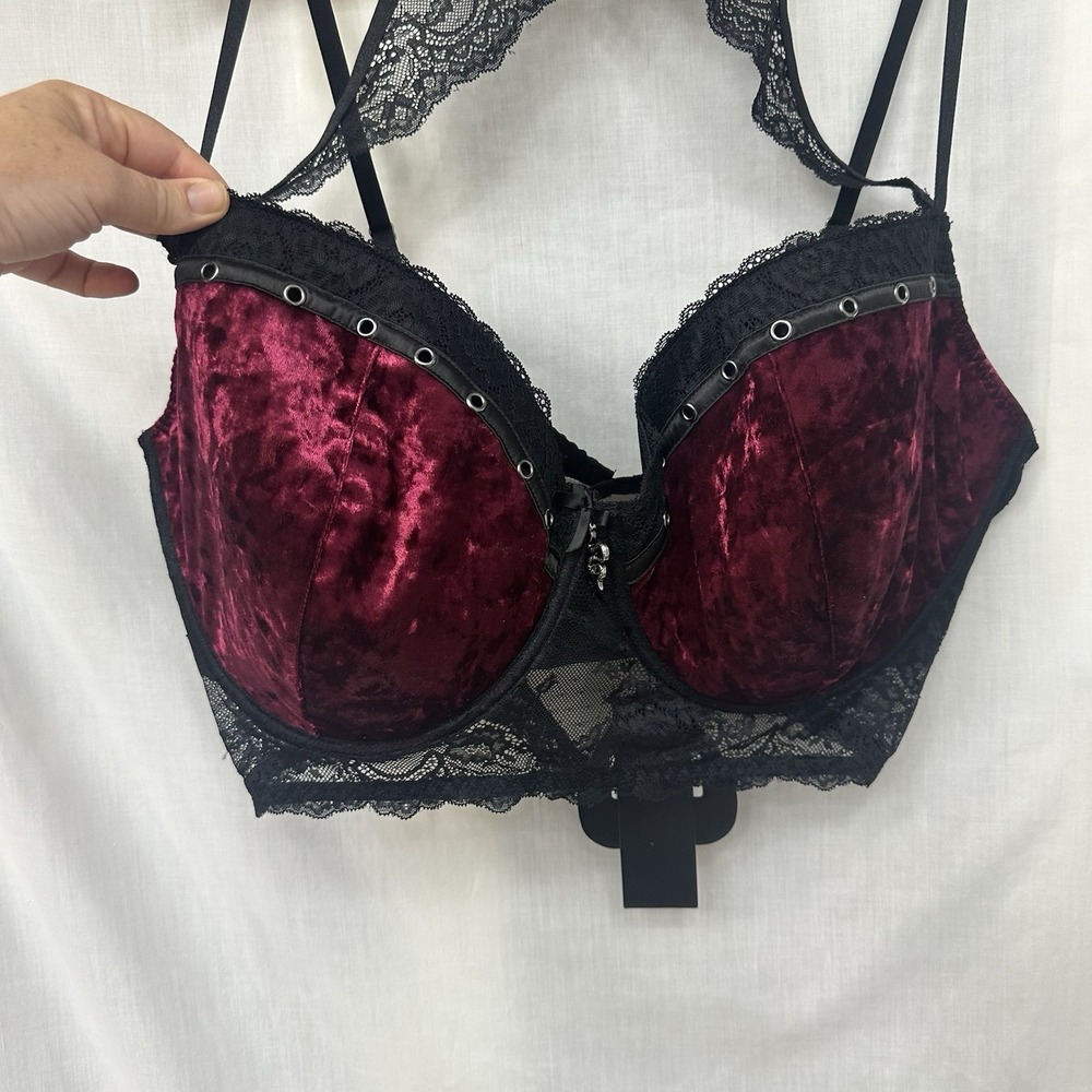 New Killstar Mercy Bra 4XL Blood Red Velvet Black Lace Gothic Sexy Halter - Picture 2 of 15